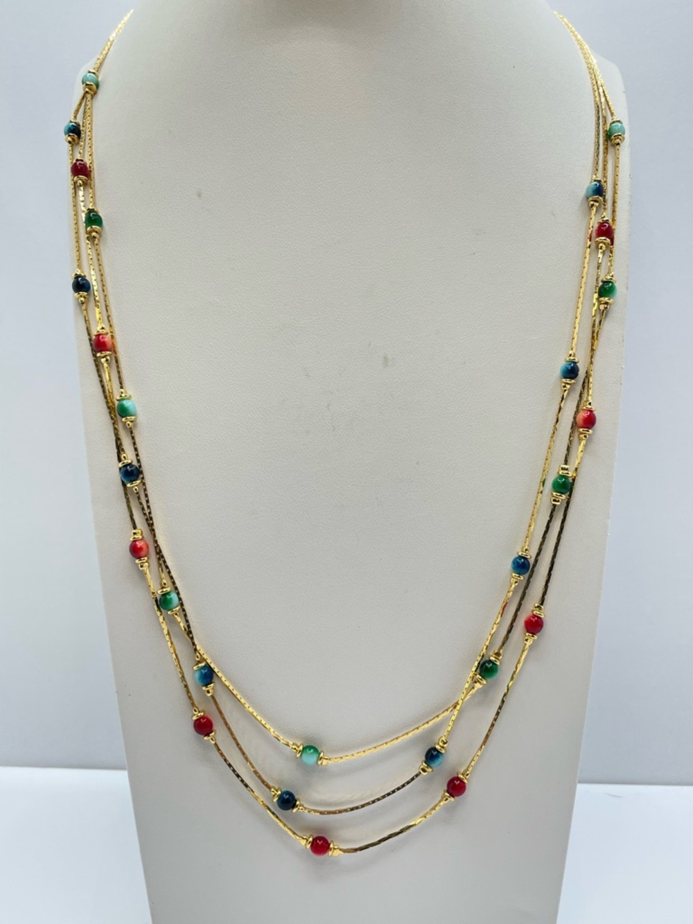 Vintage Gold Plated Layered Beaded Necklace Multicolor Chain Statement